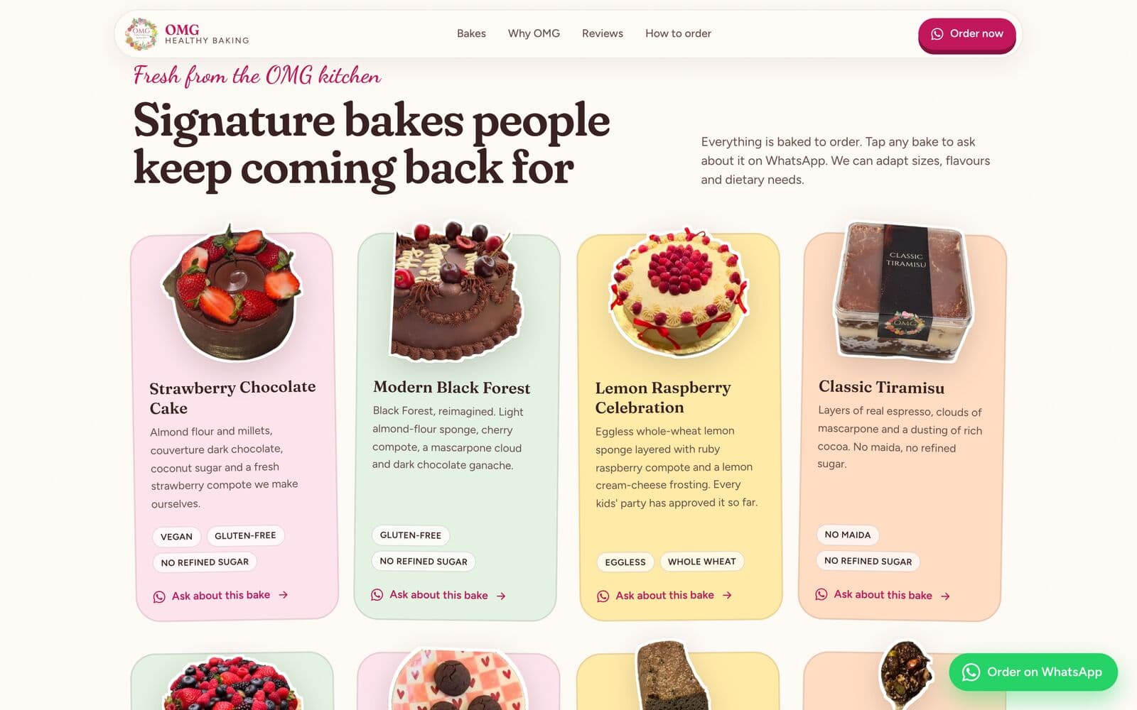 Signature bakes menu on a bakery site we built