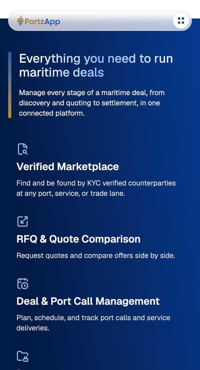 PortzApp feature list on mobile