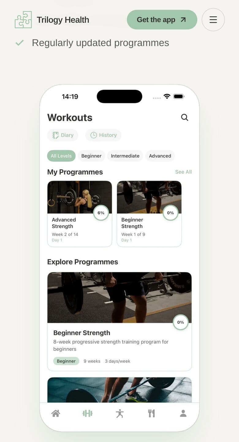 Trilogy Health workouts screen on the landing page