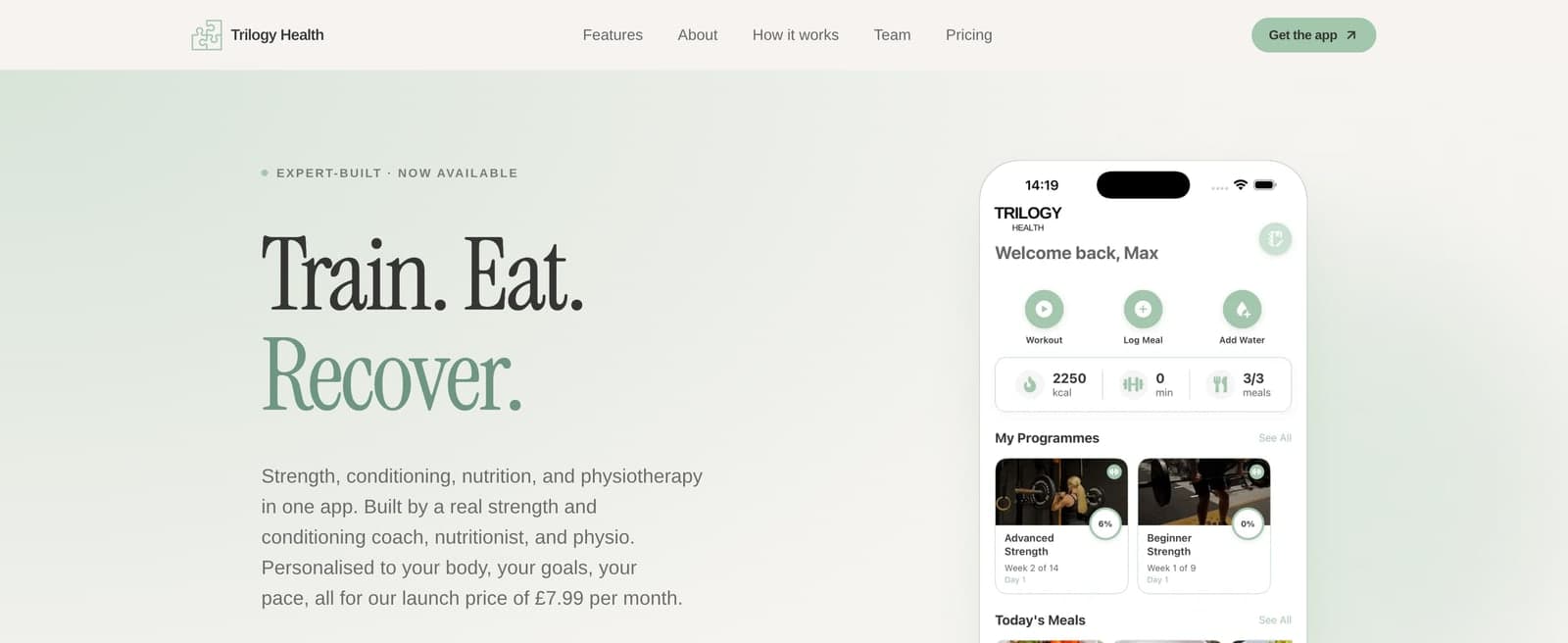 Hero section of a fitness app landing page we built