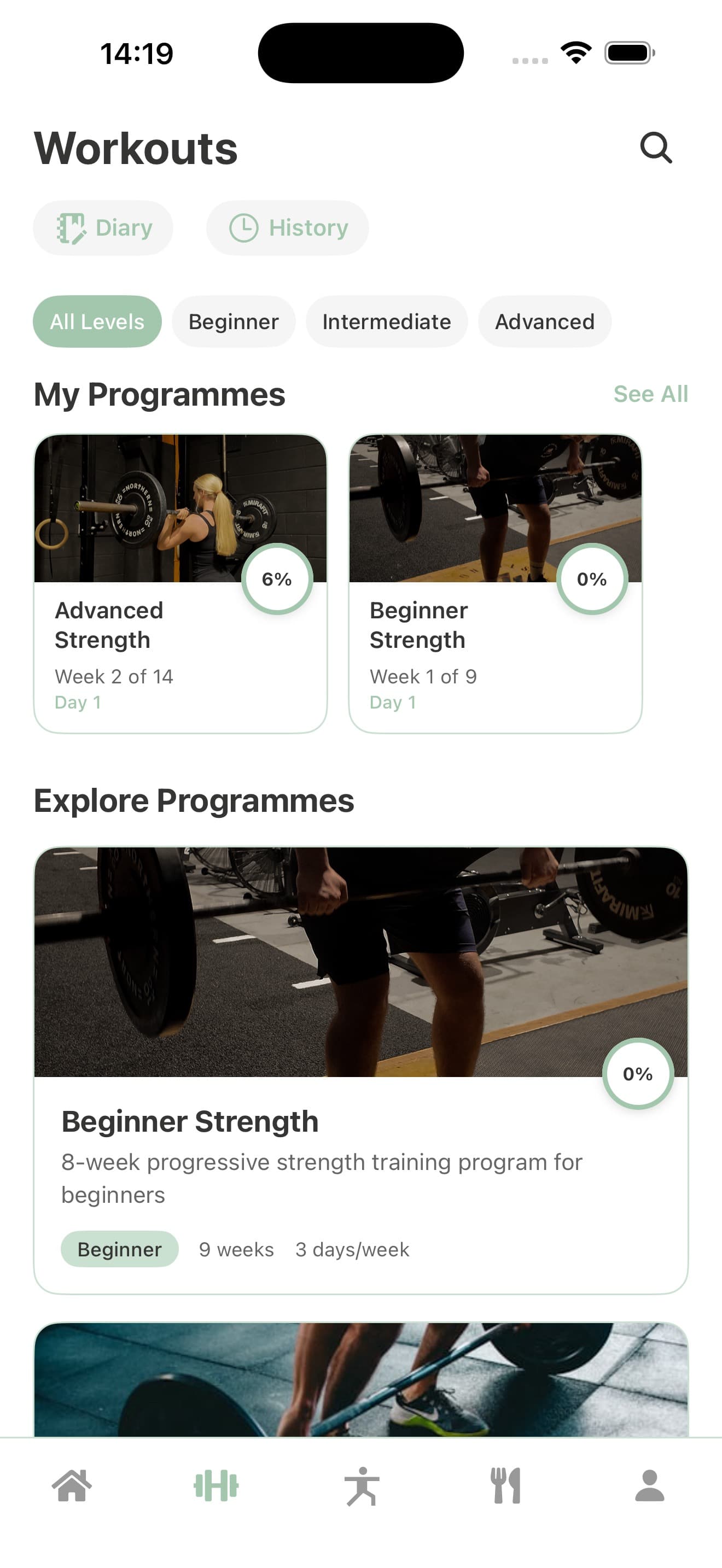 Trilogy Health workout diary screen